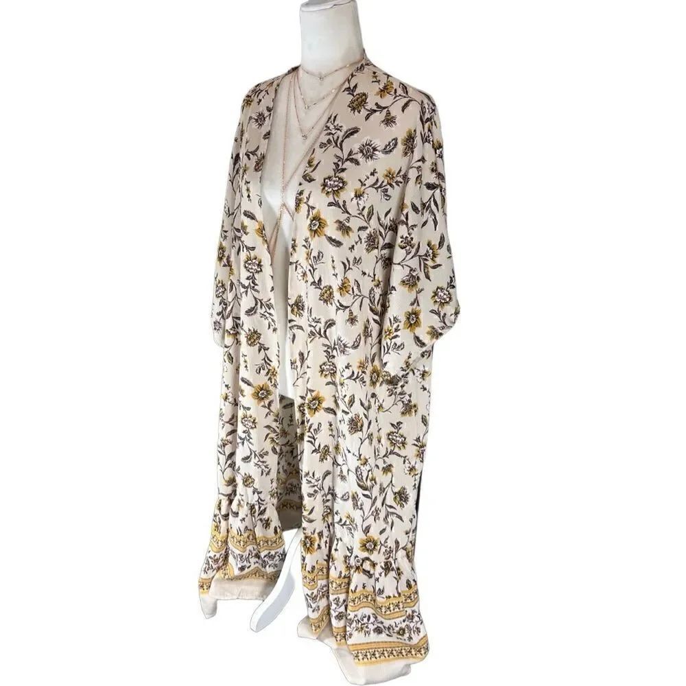 kimono cream brown golden floral cardigan duster size S/M